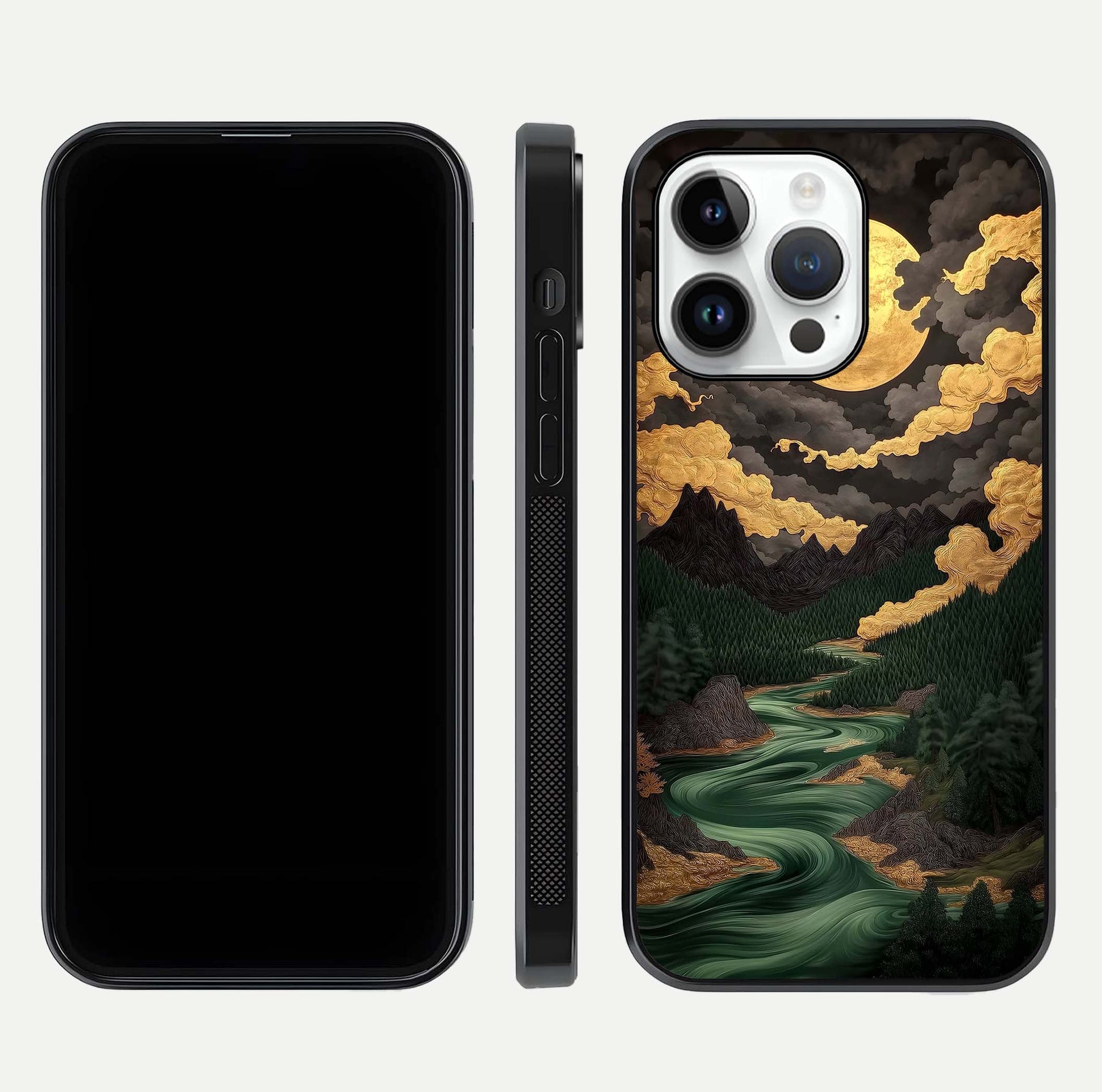 Golden River Moon Glass Case for iPhone 14 Pro front and back view layout displaying celestial glow and smooth curves