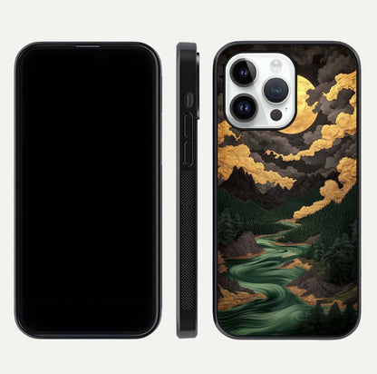 Golden River Moon Glass Case for iPhone 14 Pro front and back view layout displaying celestial glow and smooth curves