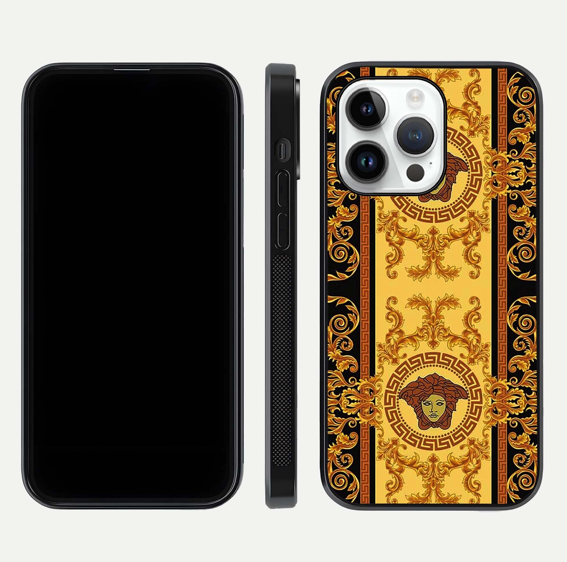 Golden Royal Heritage Glass Case for iPhone 14 Pro front and back view layout displaying ornate gold texture and curved edges