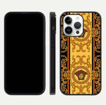 Golden Royal Heritage Glass Case for iPhone 14 Pro front and back view layout displaying ornate gold texture and curved edges