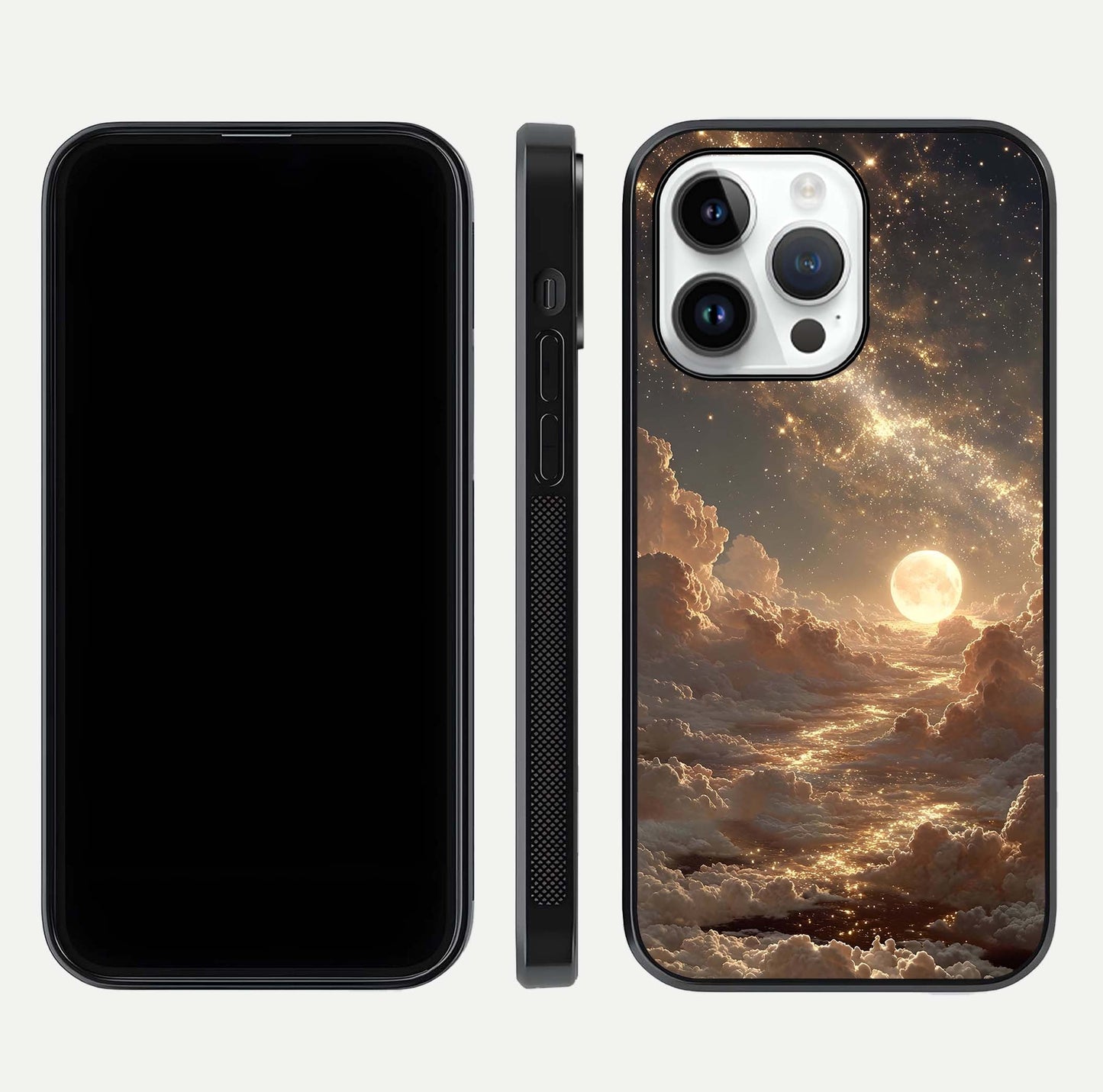 Golden Sky Dream Glass Case for iPhone 14 Pro front and back view layout highlighting celestial gold hues and curved glass