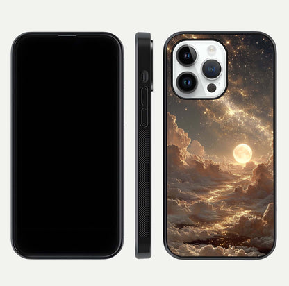 Golden Sky Dream Glass Case for iPhone 14 Pro front and back view layout highlighting celestial gold hues and curved glass