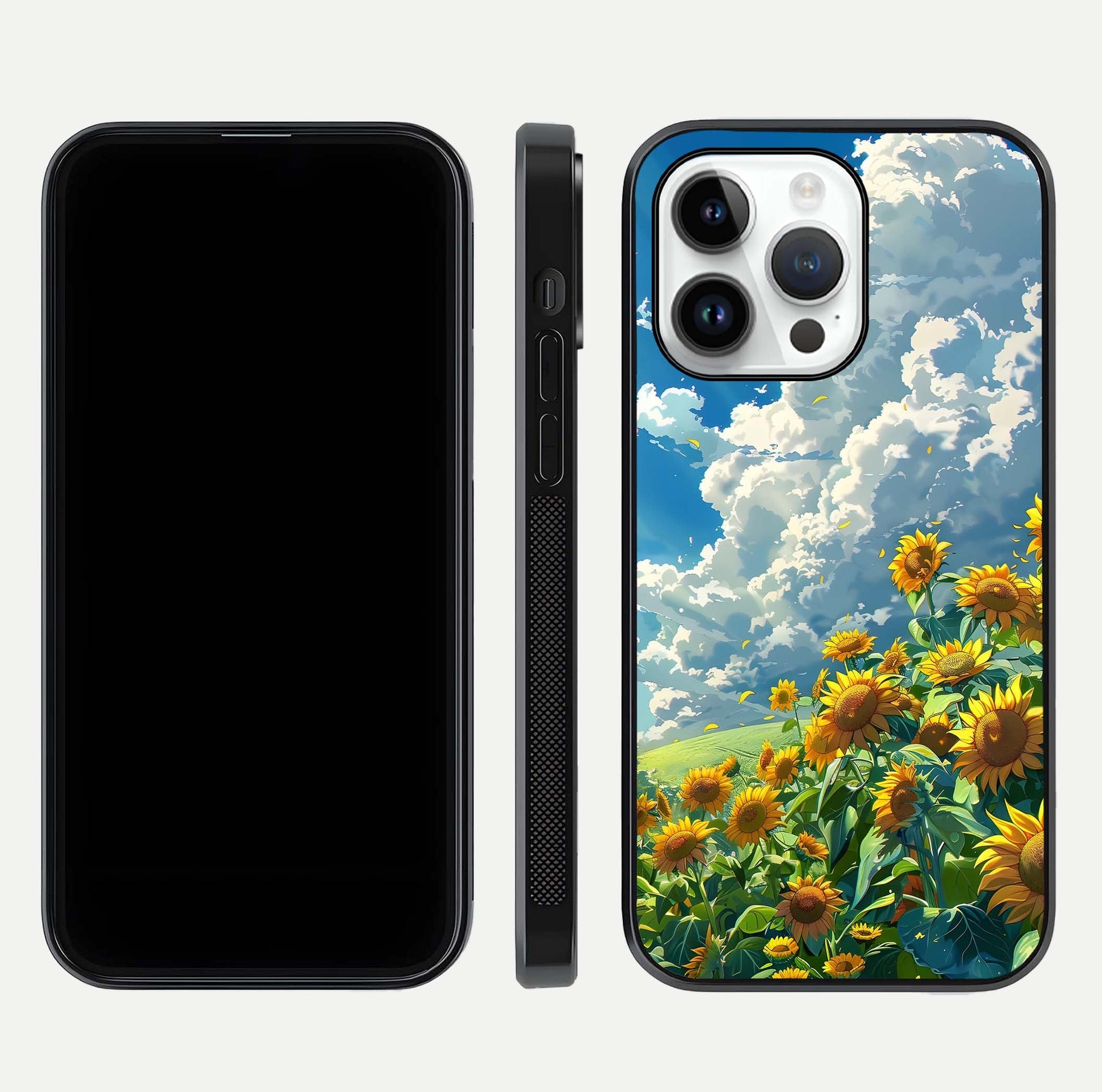 Golden Sun Glory Glass Case for iPhone 14 Pro front and back view layout displaying bright golden tones and curved edges