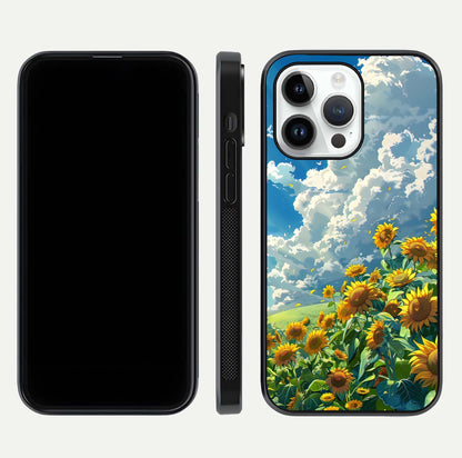 Golden Sun Glory Glass Case for iPhone 14 Pro front and back view layout displaying bright golden tones and curved edges