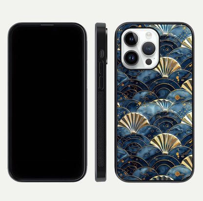 Golden Wave Luxe Glass Case for iPhone 14 Pro front and back view layout highlighting fluid gold design and curved glass