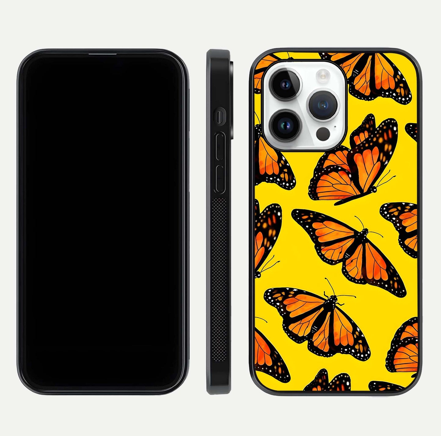 Golden Wing Flight Glass Case for iPhone 14 Pro front and back view layout highlighting graceful lines and curved glass