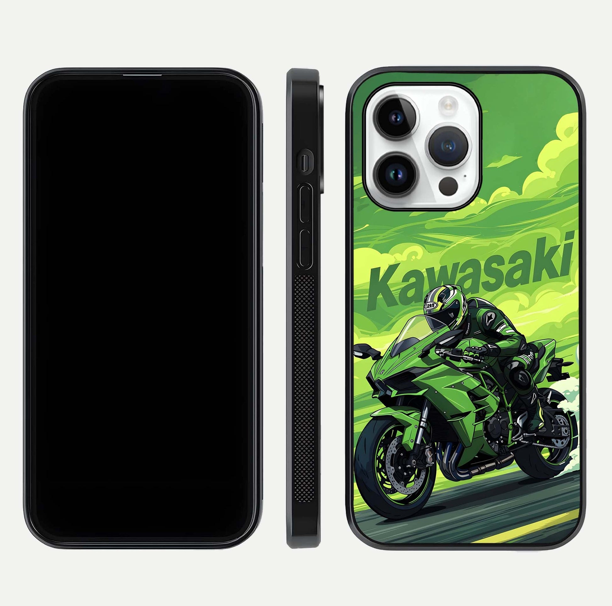 Green Kawasaki Glass Case for iPhone 14 Pro front and back view layout highlighting vivid green tones and curved glass edges