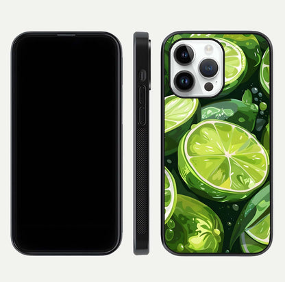 Green Lemon Glass Case for iPhone 14 Pro front and back view layout displaying vibrant yellow-green hues and smooth edges