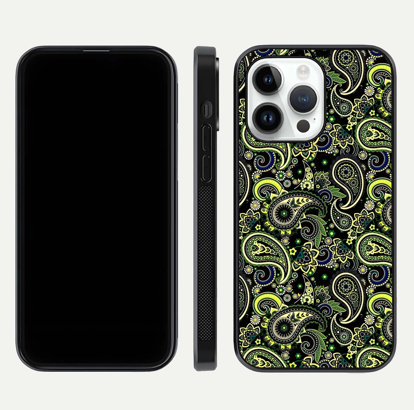 Green Mandala Pattern Glass Case for iPhone 14 Pro front and back view layout highlighting geometric art and curved glass