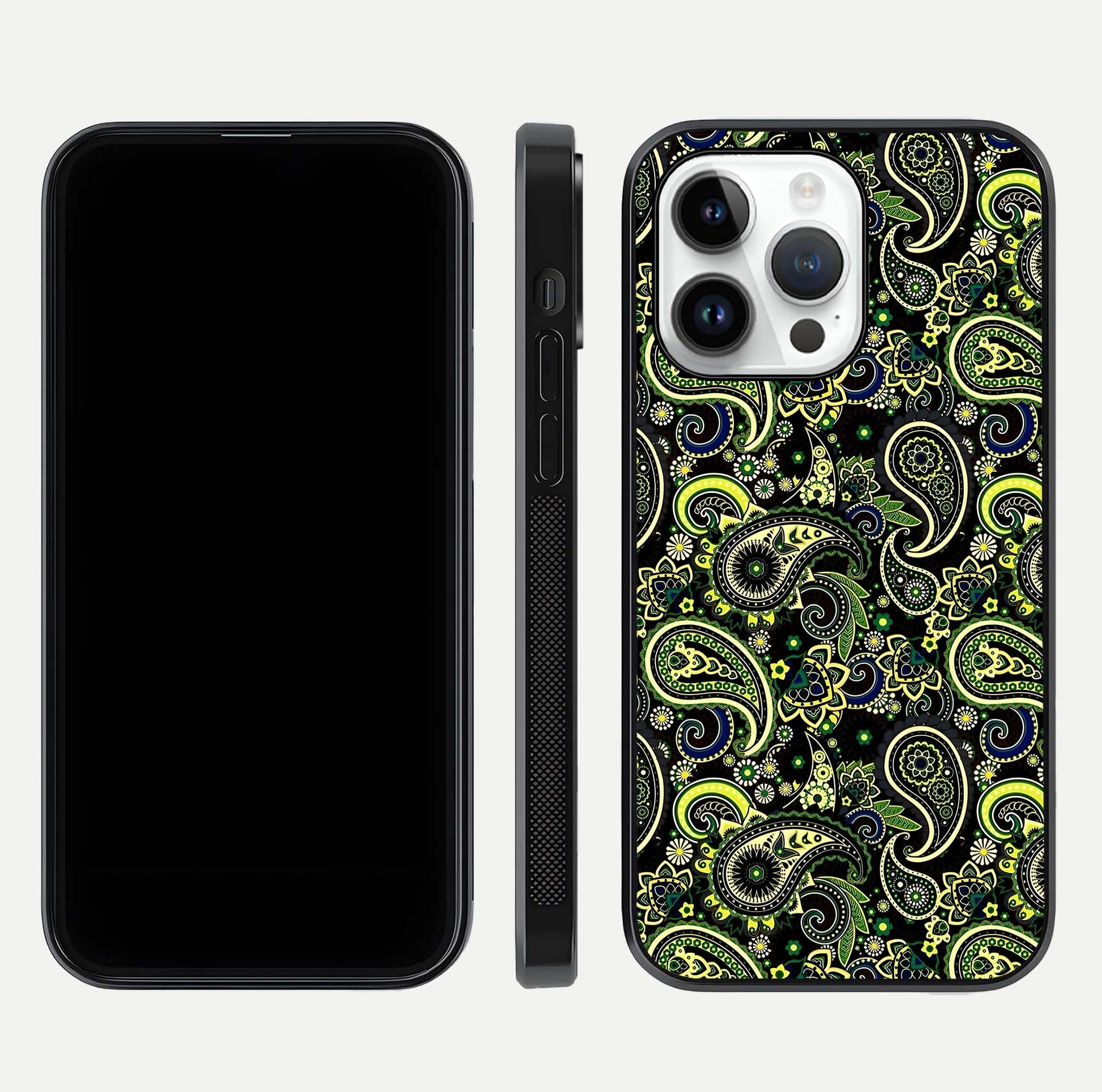 Green Mandala Pattern Glass Case for iPhone 14 Pro front and back view layout highlighting geometric art and curved glass
