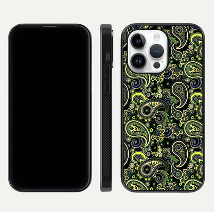 Green Mandala Pattern Glass Case for iPhone 14 Pro front and back view layout highlighting geometric art and curved glass