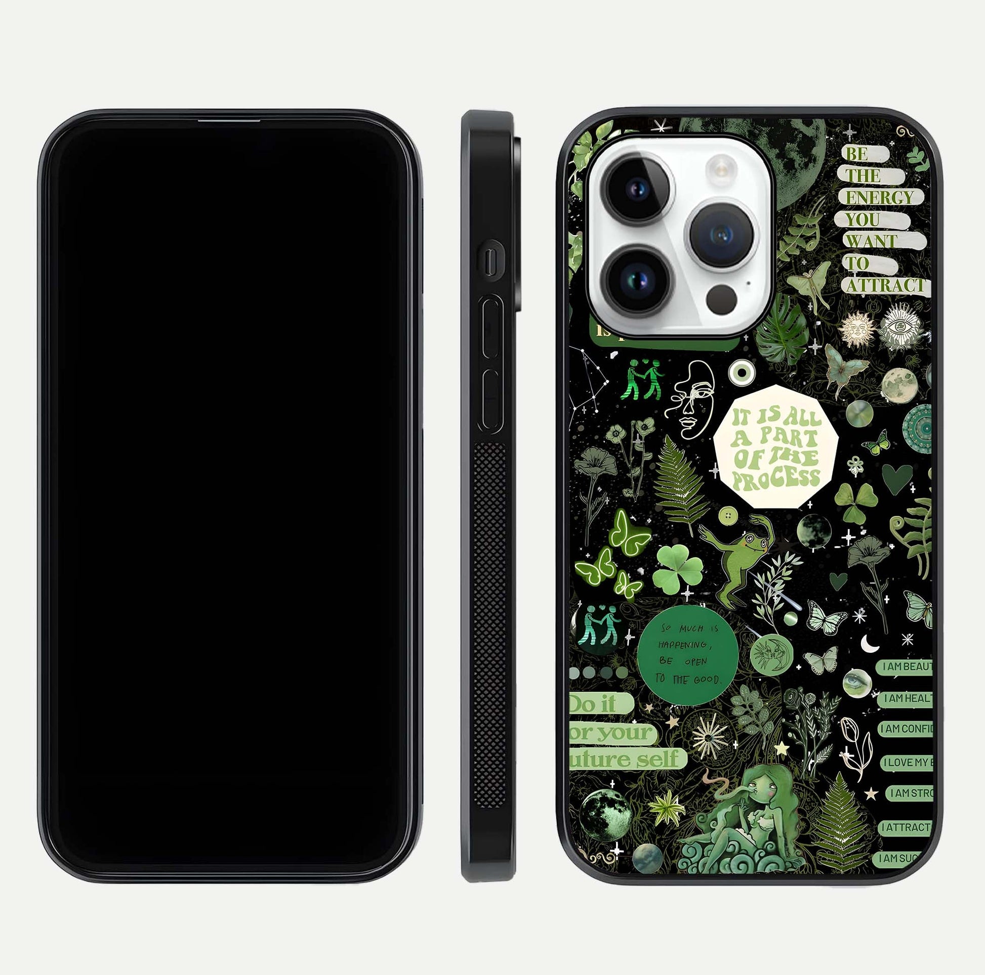 Green Moon Energy Glass Case for iPhone 14 Pro front and back view layout highlighting cosmic tones and smooth edges