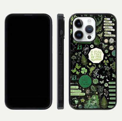 Green Moon Energy Glass Case for iPhone 14 Pro front and back view layout highlighting cosmic tones and smooth edges