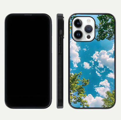 Greenery Sky Glass Case for iPhone 14 Pro front and back view layout displaying scenic green-blue gradient and curved edges