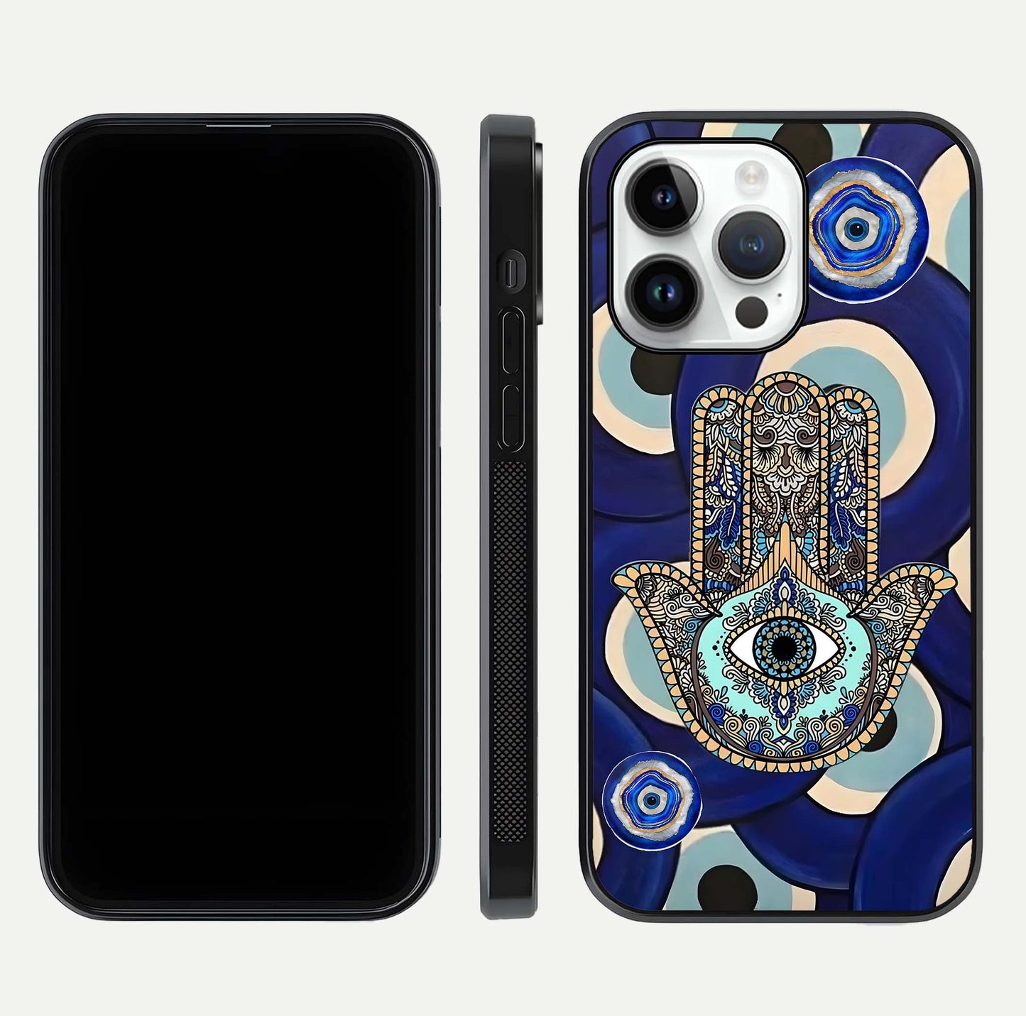 Hamsa Divine Guard Glass Case for iPhone 14 Pro front and back view layout highlighting spiritual artwork and smooth edges