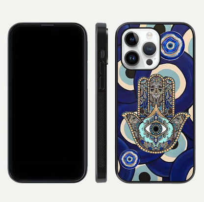 Hamsa Divine Guard Glass Case for iPhone 14 Pro front and back view layout highlighting spiritual artwork and smooth edges