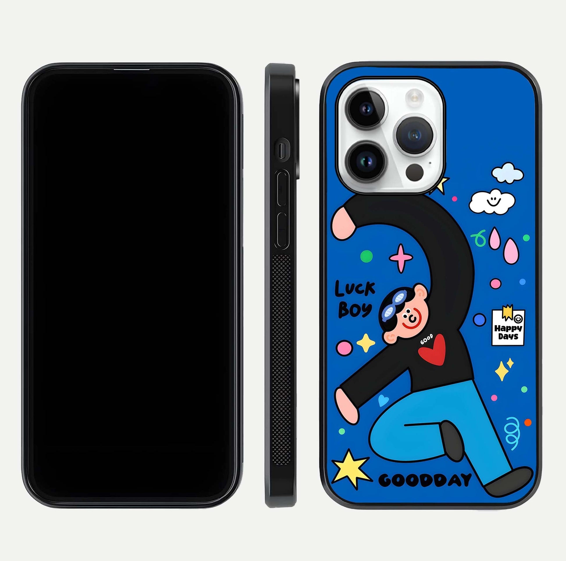 Happy Luck Vibe Glass Case for iPhone 14 Pro front and back view layout highlighting positive motif and curved edges
