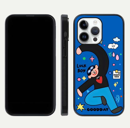 Happy Luck Vibe Glass Case for iPhone 14 Pro front and back view layout highlighting positive motif and curved edges