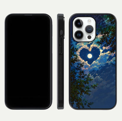 Heart with Moon Sky Glass Case for iPhone 14 Pro front and back view layout displaying celestial tones and curved glass