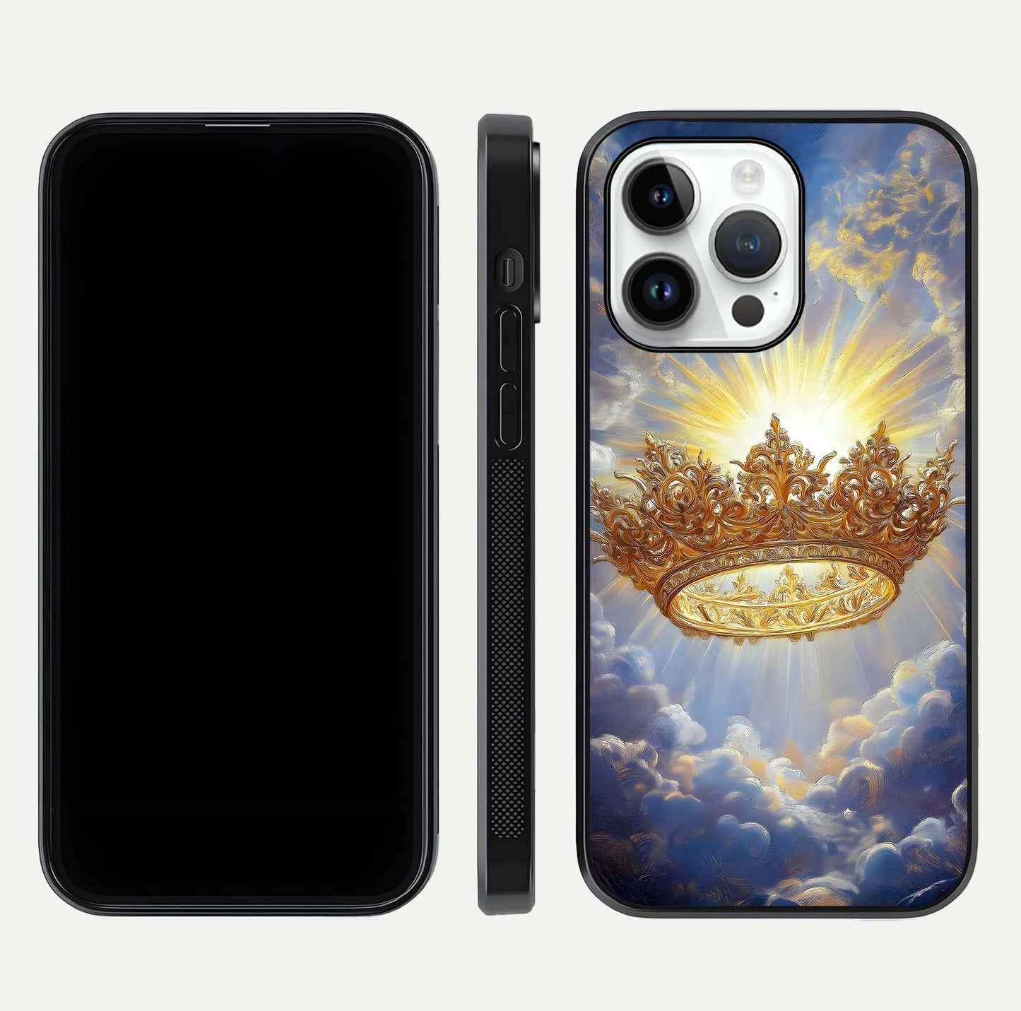 Heavenly Crown Light Glass Case for iPhone 14 Pro front and back view layout highlighting golden aura tones and curved glass edges