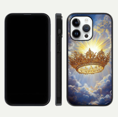 Heavenly Crown Light Glass Case for iPhone 14 Pro front and back view layout highlighting golden aura tones and curved glass edges