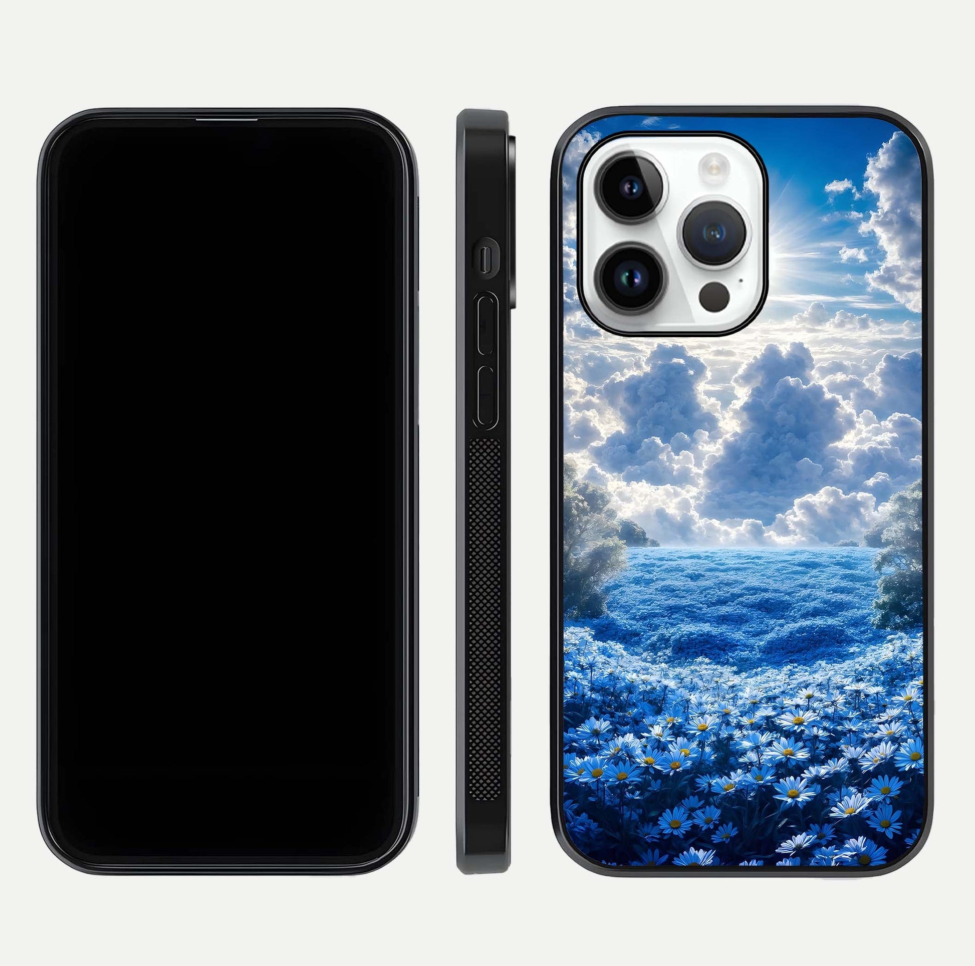 Heavenly Daisy Horizon Glass Case for iPhone 14 Pro front and back view layout highlighting floral field tones and curved edges