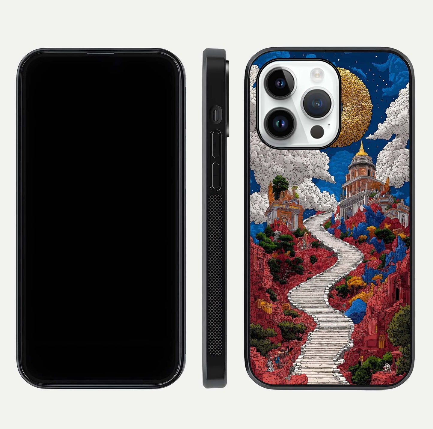 Heavenly Moon Path Glass Case for iPhone 14 Pro front and back view layout displaying night sky tones and curved glass edges