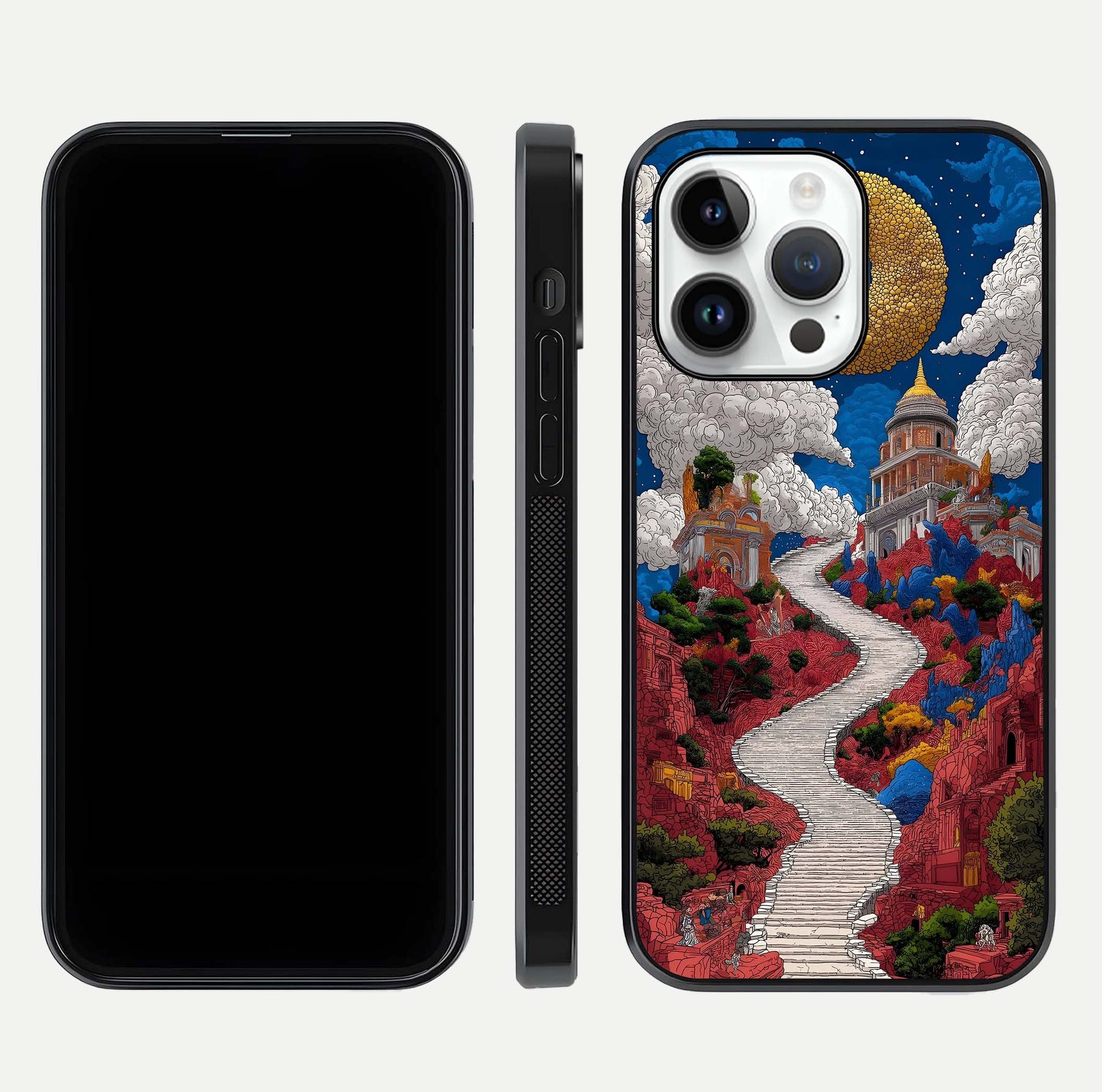 Heavenly Moon Path Glass Case for iPhone 14 Pro front and back view layout displaying night sky tones and curved glass edges