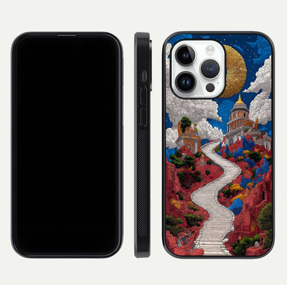 Heavenly Moon Path Glass Case for iPhone 14 Pro front and back view layout displaying night sky tones and curved glass edges