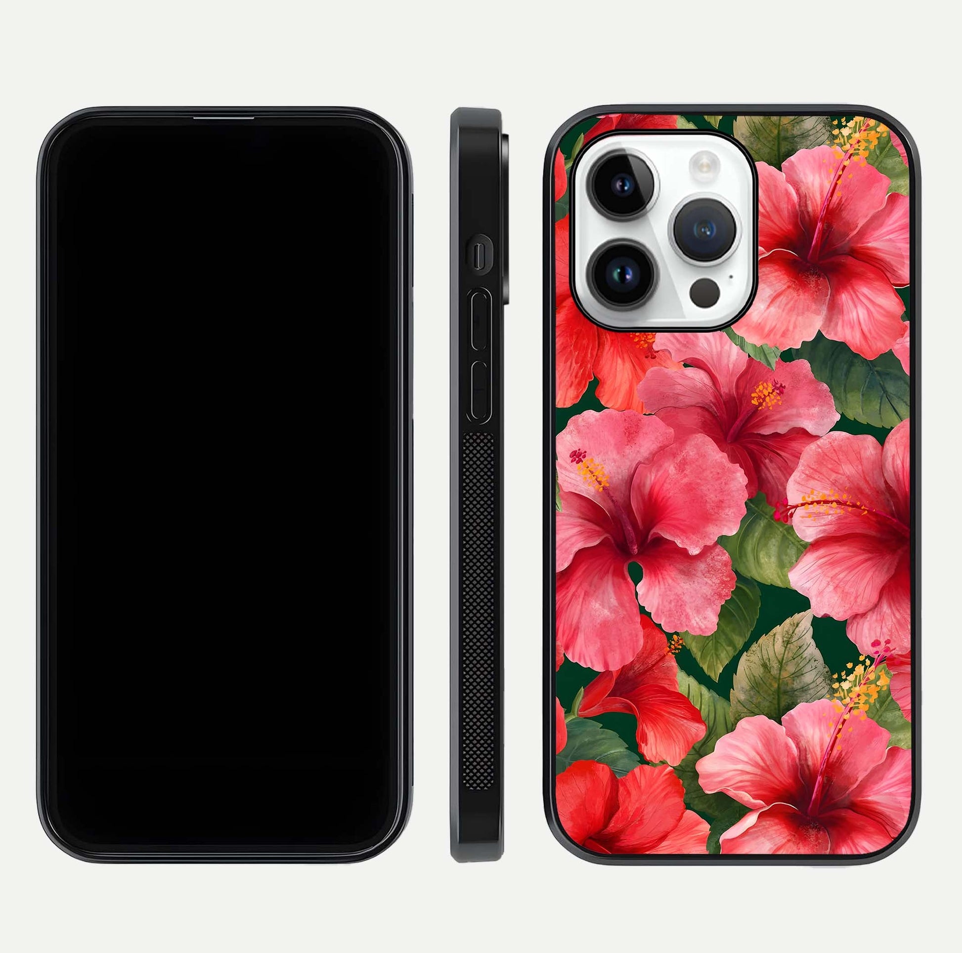 Hibiscus Pattern Glass Case for iPhone 14 Pro front and back view layout highlighting tropical design and curved glass edges
