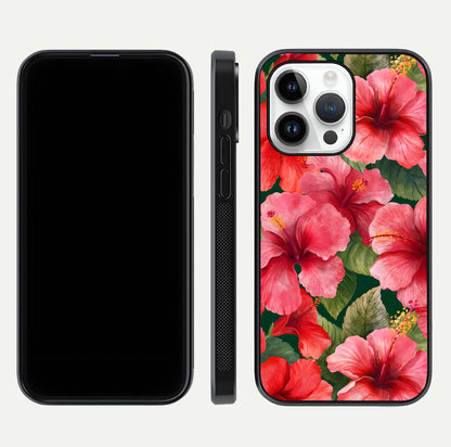 Hibiscus Pattern Glass Case for iPhone 14 Pro front and back view layout highlighting tropical design and curved glass edges