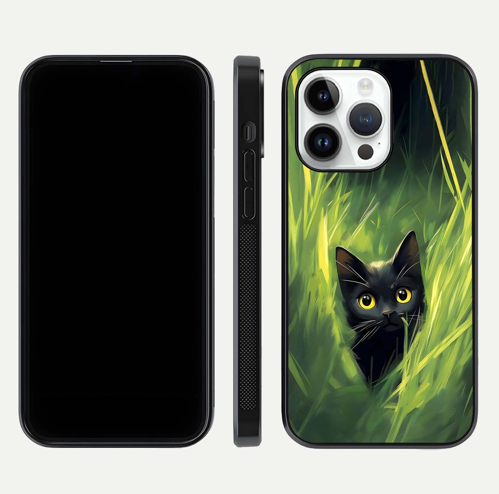 Hidden Cat Whisper Glass Case for iPhone 14 Pro front and back view layout highlighting minimalist art and curved edges