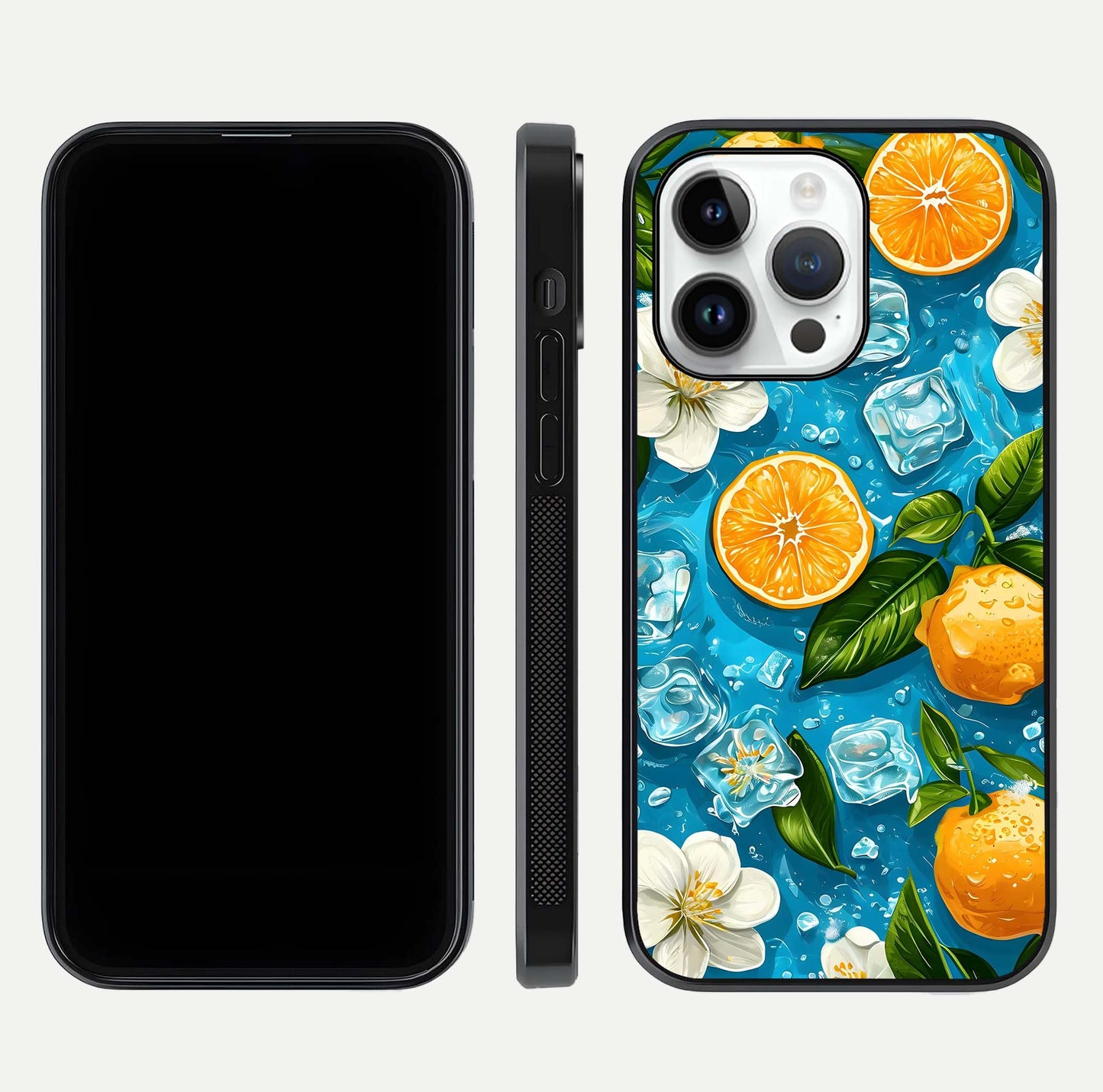 Ice Cube With Orange Glass Case for iPhone 14 Pro front and back view layout highlighting fresh orange tones and curved edges