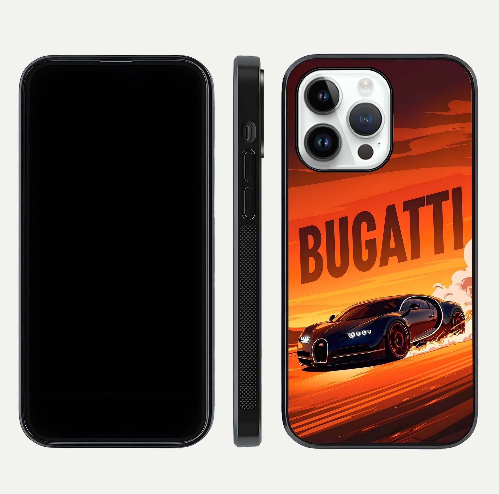 Inferno Bugatti Storm Glass Case for iPhone 14 Pro front and back view layout highlighting car silhouette and curved glass edge