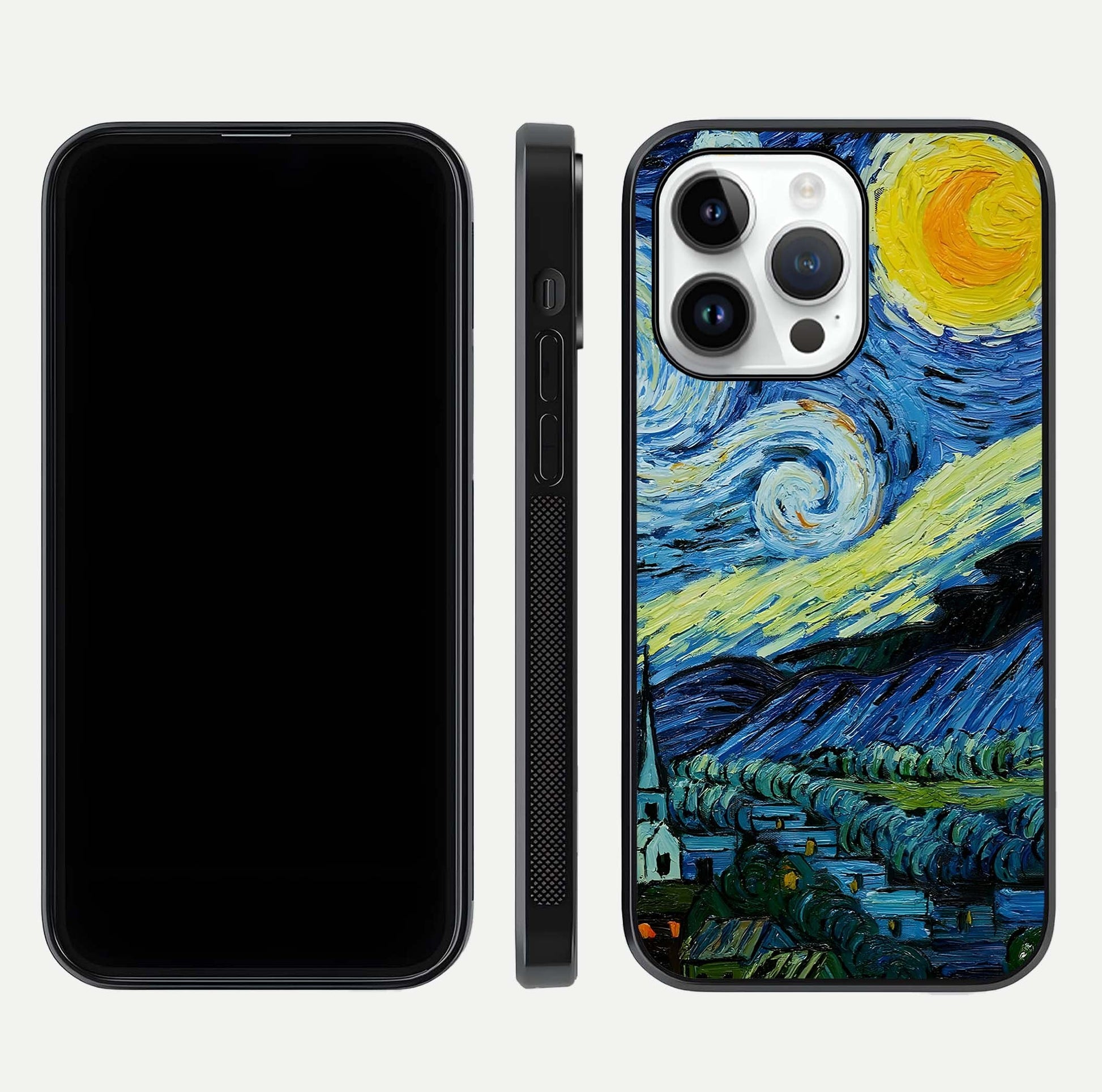 Inspired Van Gogh Art Glass Case for iPhone 14 Pro front and back view layout displaying vivid color tones and curved glass edges