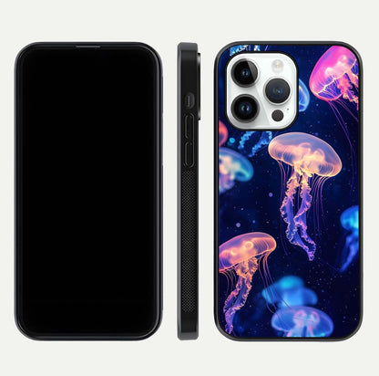 Jellyfish Pattern Glass Case for iPhone 14 Pro front and back view layout highlighting aquatic tones and curved edges