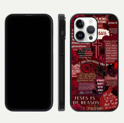Jesus Love Heals Glass Case for iPhone 14 Pro front and back view layout with elegant typography and smooth edges