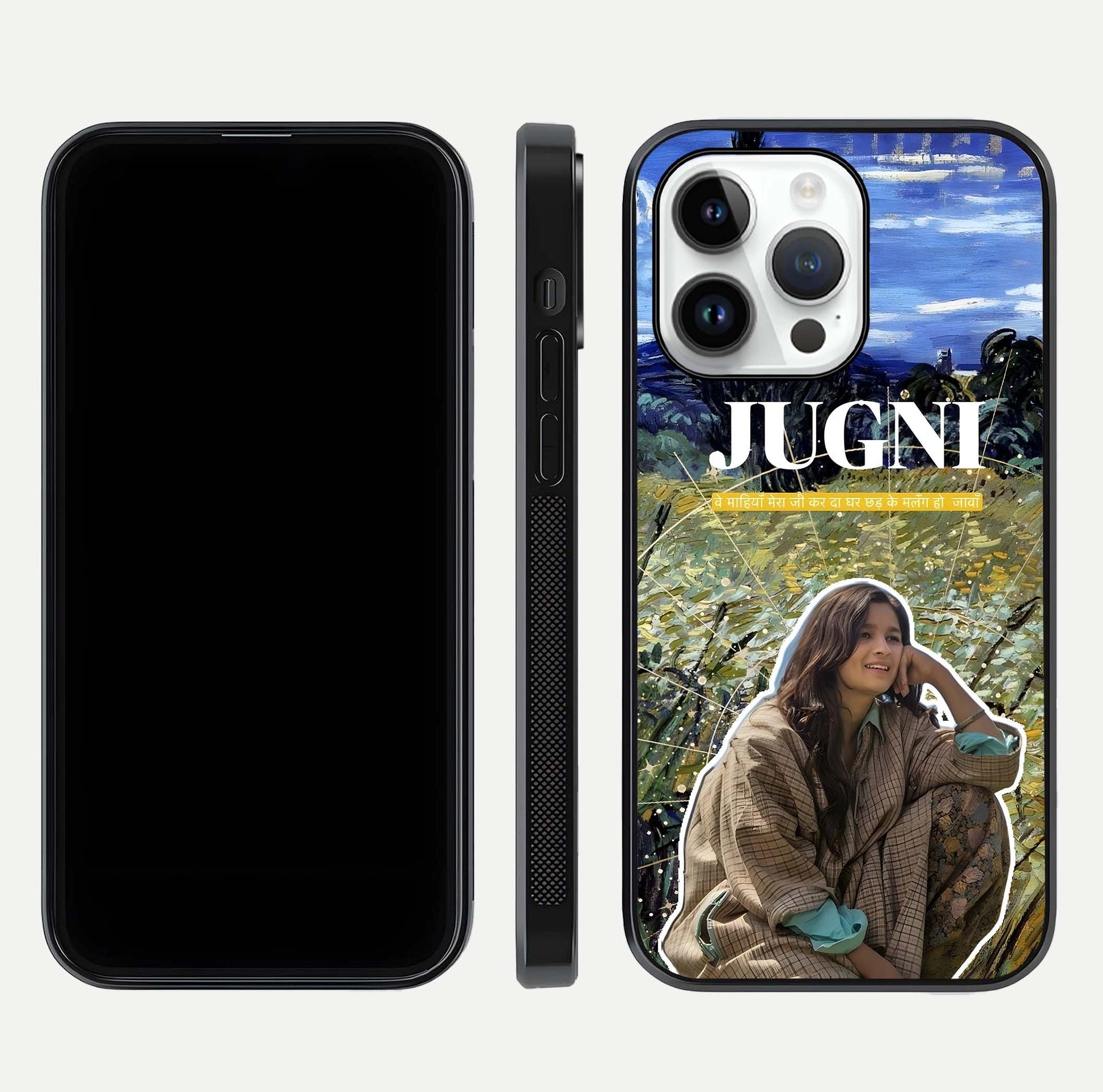 Jugni Soul Vibes Glass Case for iPhone 14 Pro front and back view layout highlighting desi art and curved glass edges