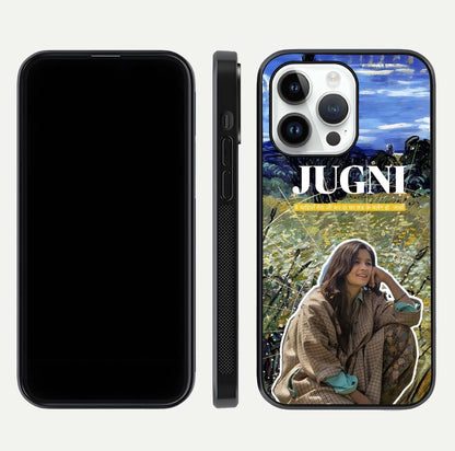 Jugni Soul Vibes Glass Case for iPhone 14 Pro front and back view layout highlighting desi art and curved glass edges