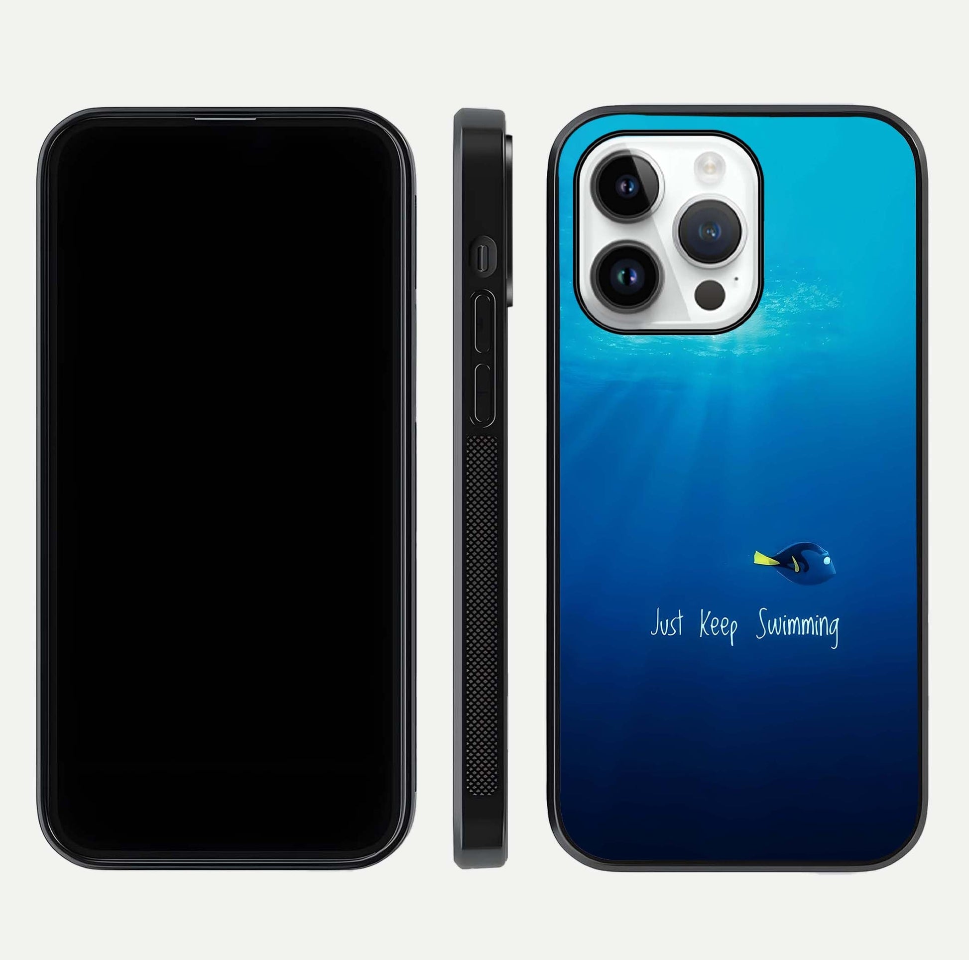Just Keep Swimming Glass Case for iPhone 14 Pro front and back view layout with smooth glass edges and HD text clarity