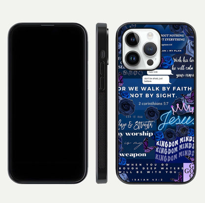 Kingdom Faith Glow Glass Case for iPhone 14 Pro front and back view layout highlighting radiant spiritual design