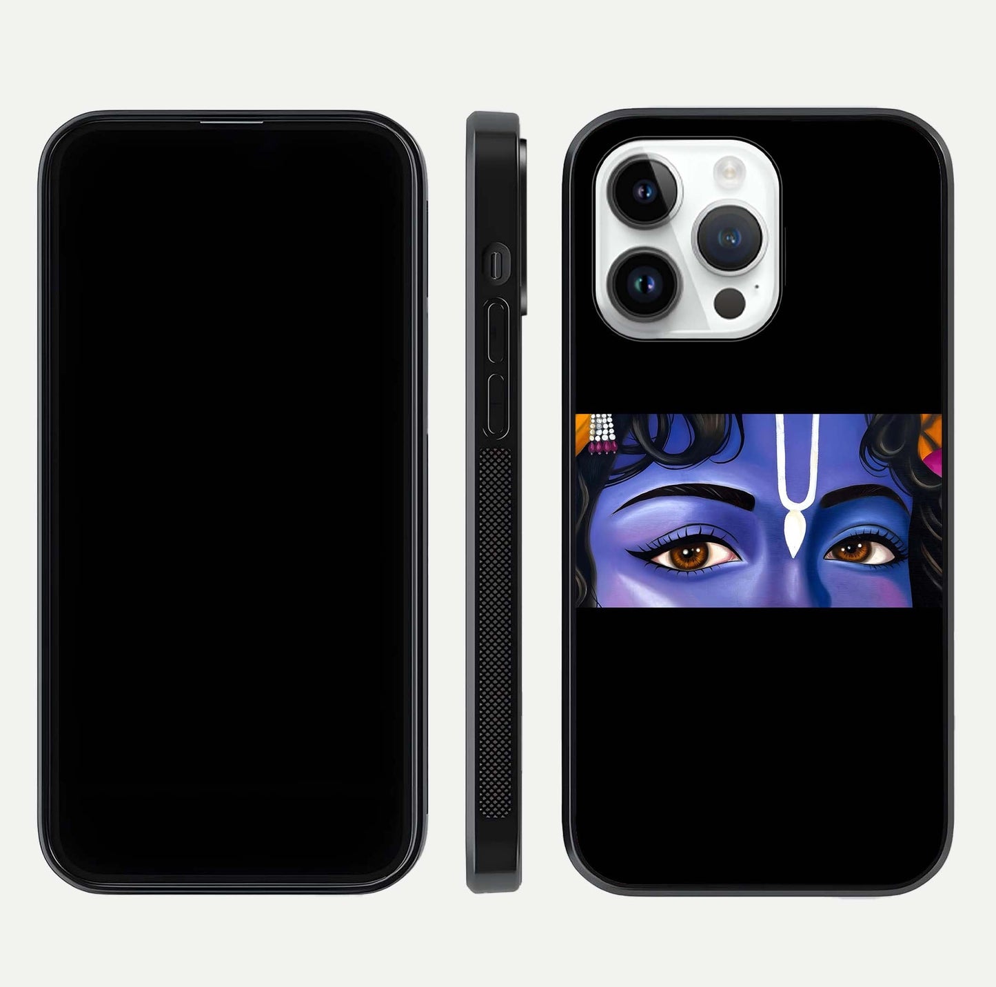 Krishna Eye Glass Case for iPhone 14 Pro front and back view layout highlighting detailed spiritual motif