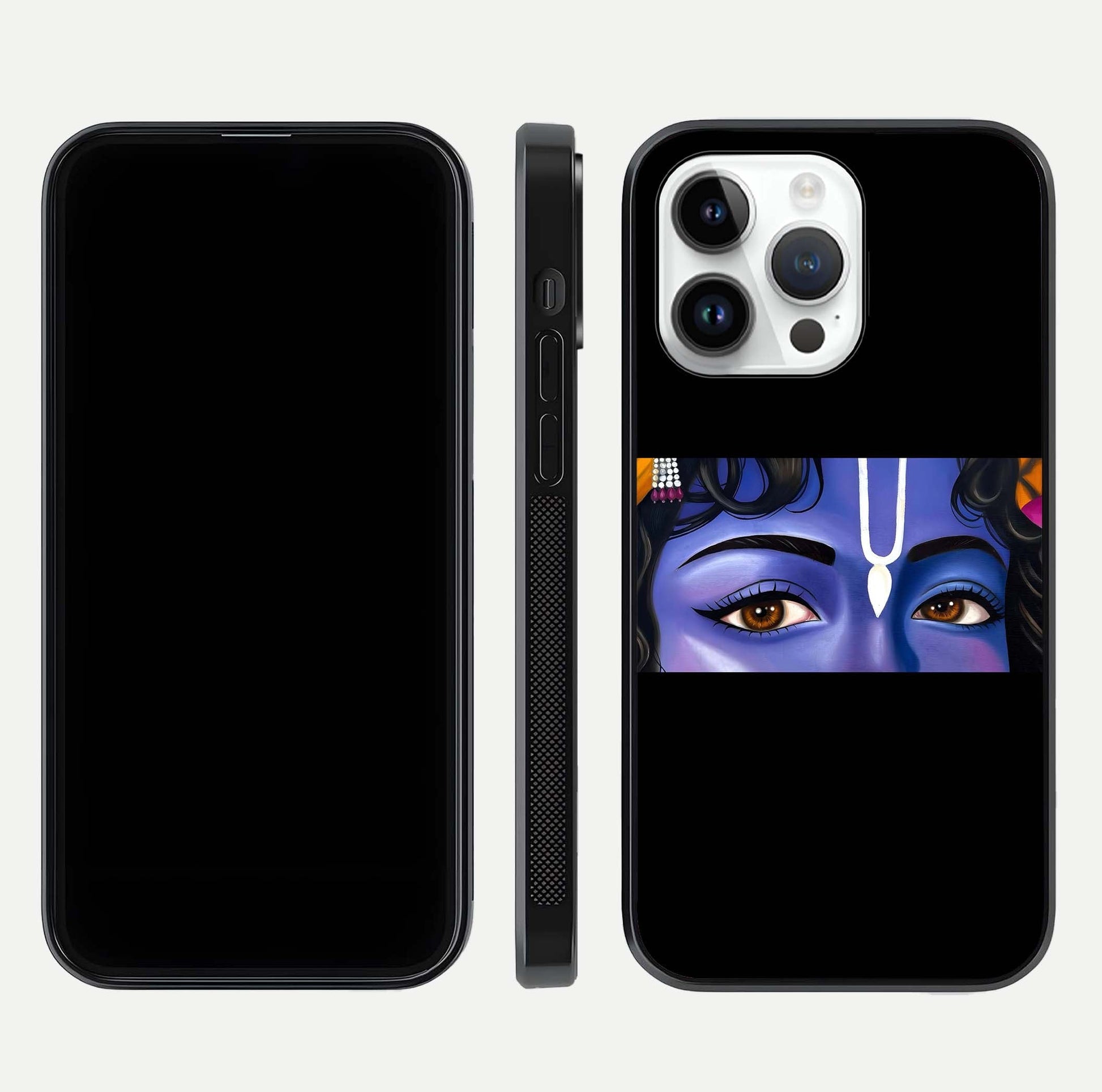 Krishna Eye Glass Case for iPhone 14 Pro front and back view layout highlighting detailed spiritual motif