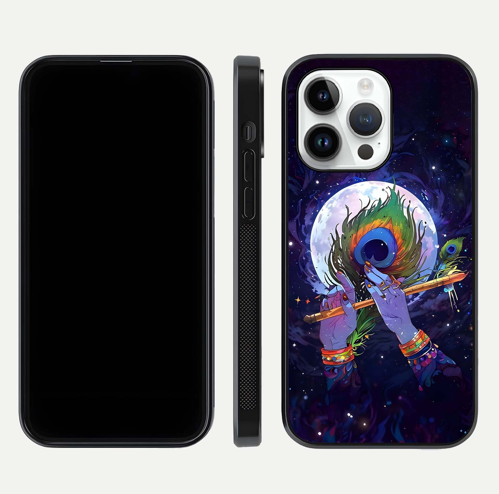 Krishna Hands Art Glass Case for iPhone 14 Pro front and back view layout displaying soft edges and spiritual tones