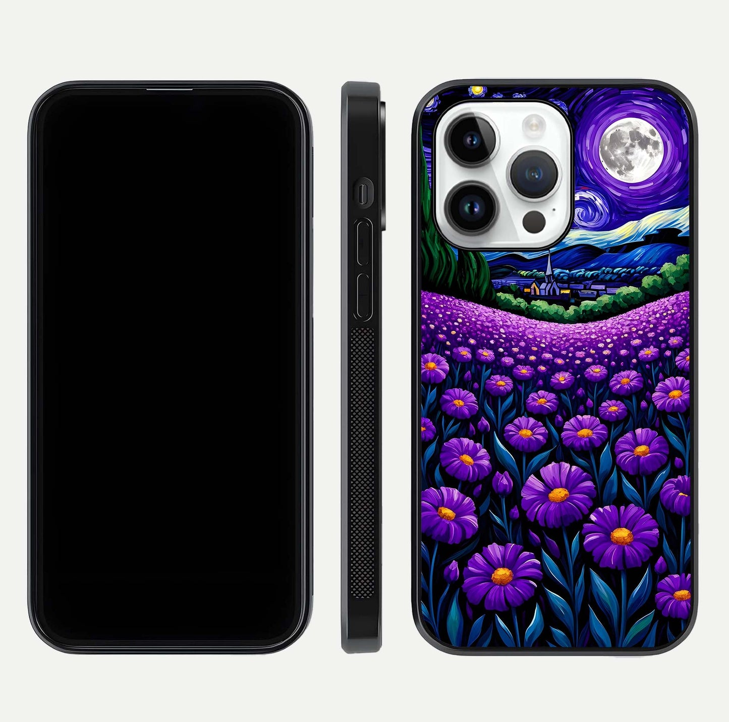 Lavender Moon Field Glass Case for iPhone 14 Pro front and back view layout with soft gradient and curved edges
