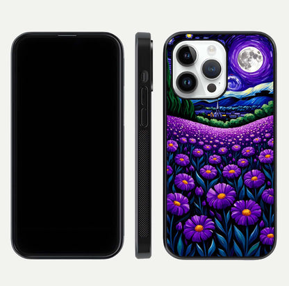 Lavender Moon Field Glass Case for iPhone 14 Pro front and back view layout with soft gradient and curved edges