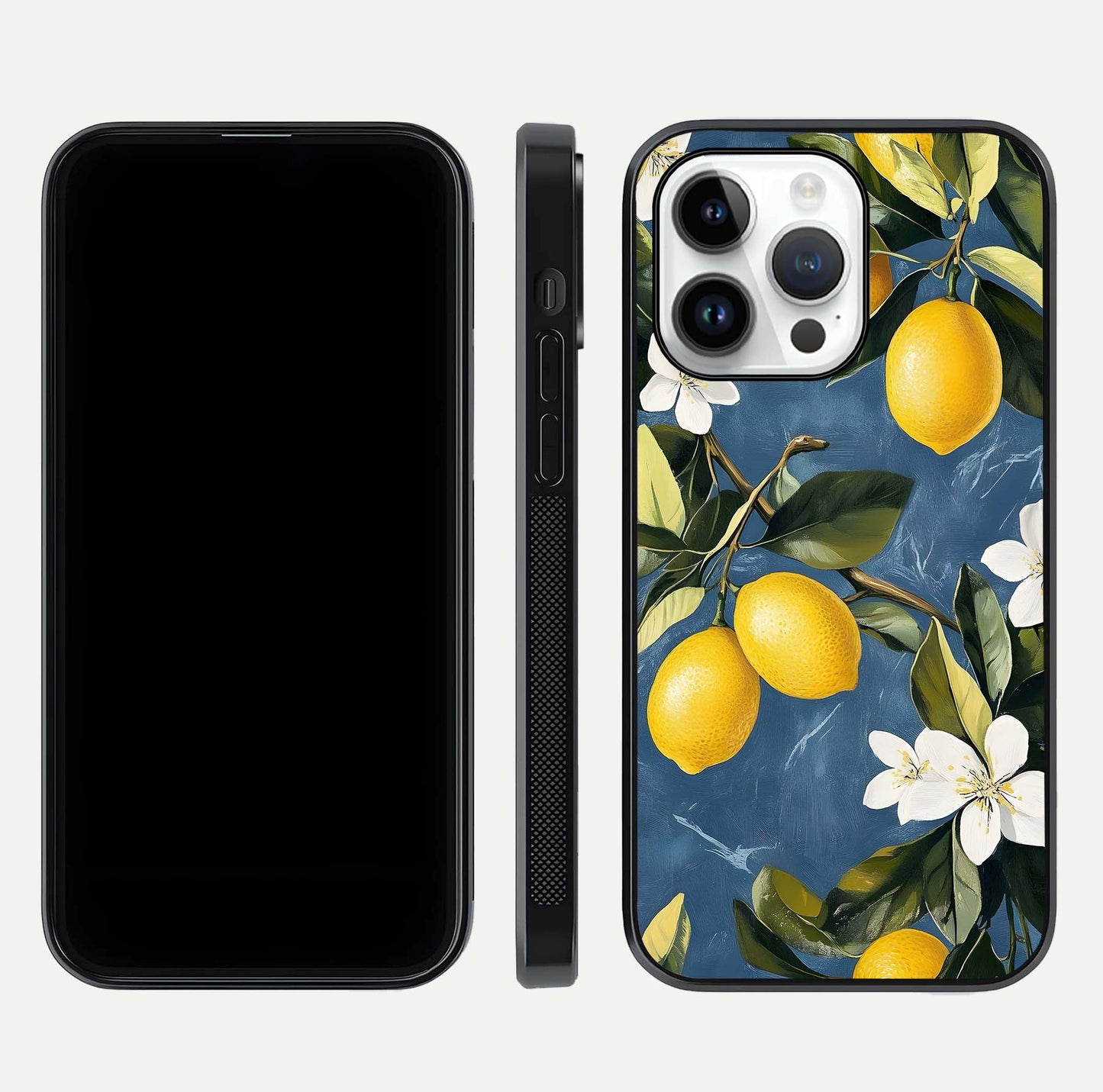 Lemon Dream Garden Glass Case for iPhone 14 Pro front and back view layout highlighting garden tones and edges