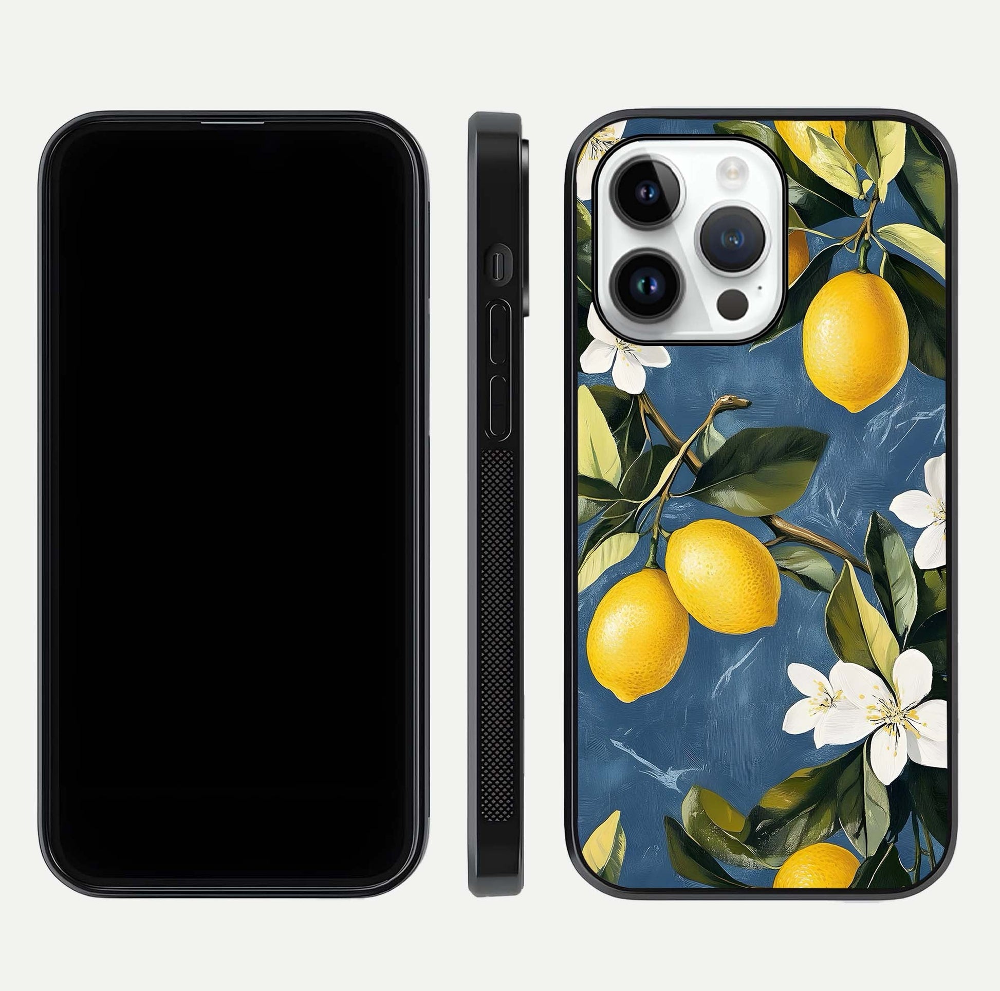Lemon Dream Garden Glass Case for iPhone 14 Pro front and back view layout highlighting garden tones and edges