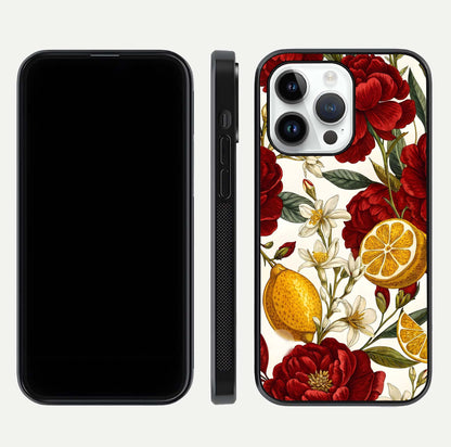 Lemon Rose Charm Glass Case for iPhone 14 Pro front & back layout highlighting soft yellow tones and curved edges
