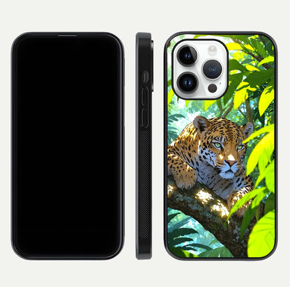 Leopard in Jungle Glass Case for iPhone 14 Pro front & back layout with premium edge detailing and vivid jungle art